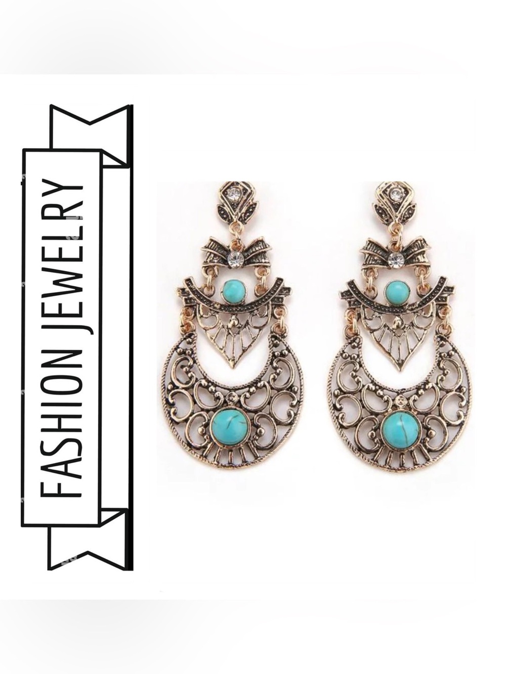 🌟🌟 Bohemian Gold Tone Drop Earrings with Turquoise Stones